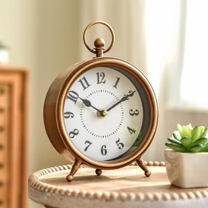 Vintage Small Table Clock on Stand, Decorative Desk and Shelf Clock Farmhouse Mantel Non-Ticking Clock Rustic Metal Frame with Antique Gold Finish 9.3 Inch (8.7"H)