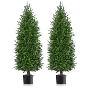 AOKIIE 2 Pack 5FT Artificial Topiary Cedar Plants Outdoor (With Backets), Faux Pine Trees UV Resistant and Potted, 72 Inch Tall Fake Shrubs Evergreen for Front Porch Decor + 3Ft Artificial Topiary Cedar Plants Outdoor 2 Pack (Without Backet), 4 Pcs