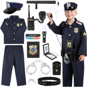 IVENRXIU Police Costume for Kids, Cop Pretend Play Toys for Dress Up, Role Play Set with Handcuffs, Flashlight, Police Badge for Kids Boys and Girls 3-8, Halloween Costumes, Birthday Christmas Gifts