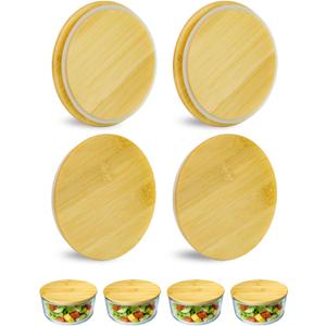 Replacement Wooden Lids for Pyrex, Anchor Hocking Glass Containers 7200 * 4, Bamboo Lids for Pyrex 2Cup Glass Bowls, Bowl Covers with Leakproof Silicone Gasket 4 Pack