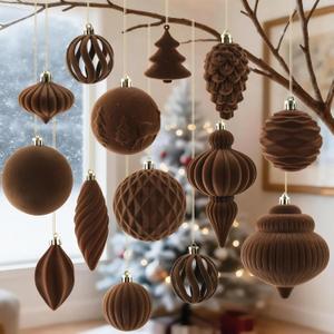 18Pcs Velvet Christmas Tree Ornaments Set, Brown Flocked Hanging Christmas Balls Ornaments, Shatterproof Decorative Hanging Balls Vintage Decorations Assortment for Xmas Tree Holiday Home Party Decor