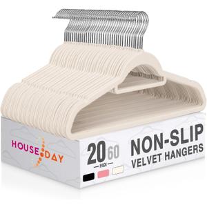 HOUSE DAY Velvet Hangers with Tie Bar 20 Pack Ivory, Clothes Hanger Non-Slip, Space Saving Felt Hangers for Pants, Coat, Suits, Shirt, Scarf, No Hanger Marks