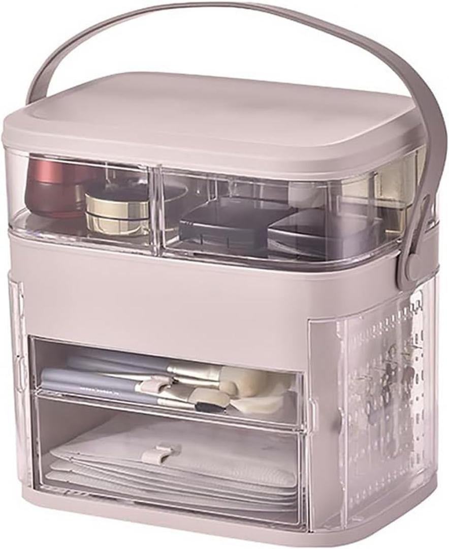Makeup Organizer with LED Mirror Skin Care Organizer with Jewelry Holder Dustproof & Waterproof Portable Hand Strap Skincare Organizer for Bathroom Bedroom Countertop or Vanity, (Pink)