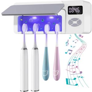 Toothbrush Holder with UV Cleaning, Multifunctional Bathroom Wall Mounted Toothbrush Holder with Bluetooth Music Player, 4000mAh USB Charging, Electric Toothbrushes Organizer