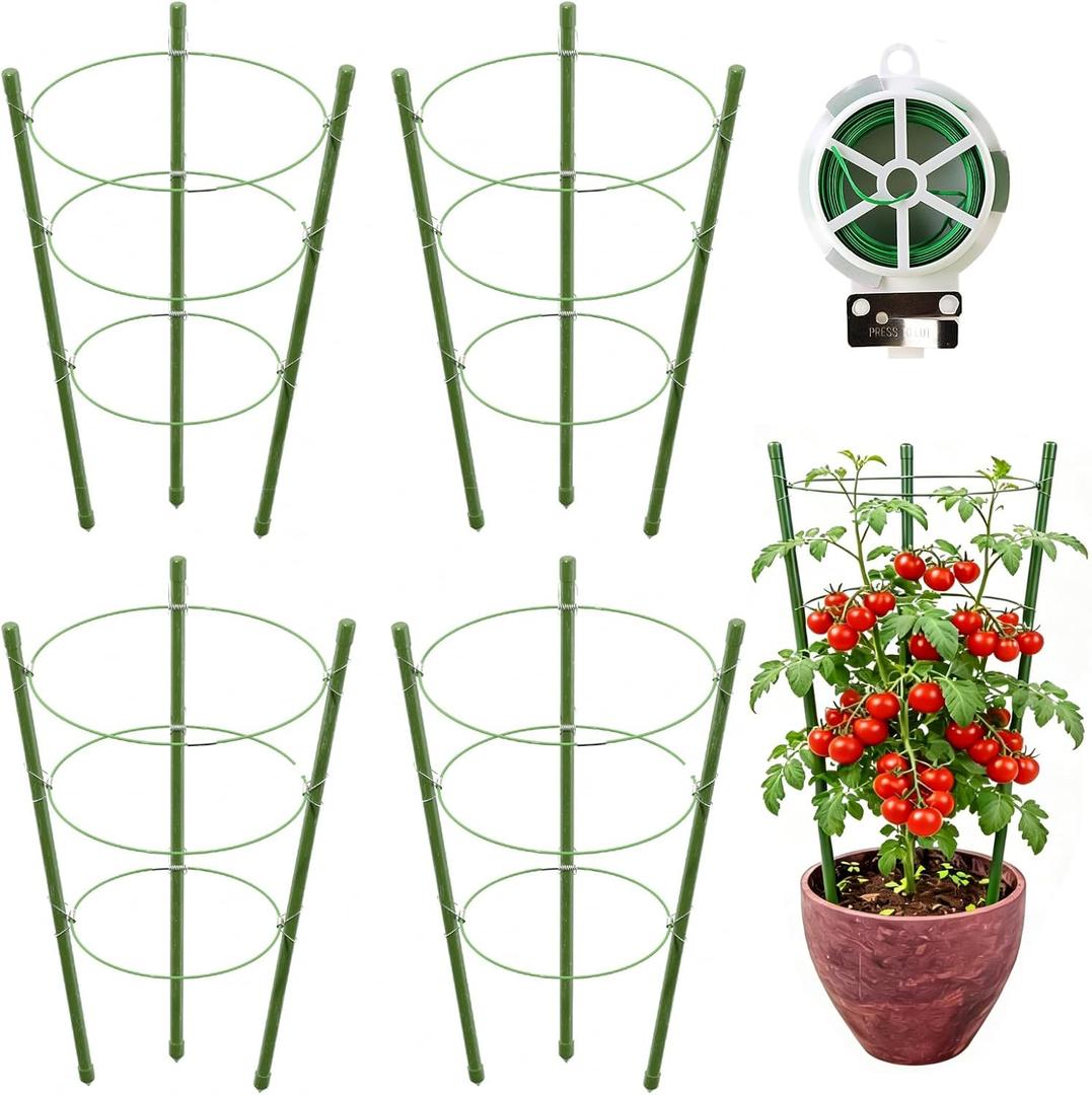 4 Pack Tomato Cage, 18 inches Plant Support Cages for Garden, Upgrade Garden Plant Stakes with Adjustable Rings, Plants Trellis for Tomato, Flower, Climbing Plants, with Twist Tie