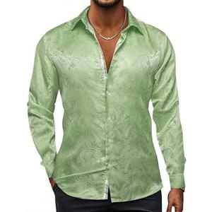 Hi-Tie Silk Mens Paisley Dress Shirts Casual Long Sleeve Button Down Regular Fit Shirts Formal Wedding Party Business (Green, Medium)