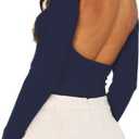 ForeFair Women Sexy Backless Short Sleeve Slim Fit Crewneck Summer Casual Y2K Crop Tee (A Navy Blue)