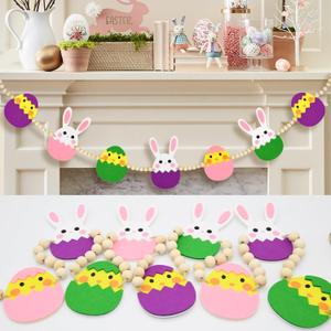 Easter Garland Decorations, 5.25 Ft Easter Felt Bunny Egg Wooden Beads Ornaments Garland for Mantle, Spring Felt Fireplace Garlands, Spring Farmhouse Holiday Banner Decorations, Wall Decor