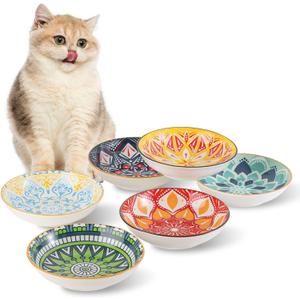 Ceramic Cat Bowls Set of 6 - Colorful Cute Shallow Cat Dishes - Great for Multi-Pet Homes - 5.6 Inch, Whisker Friendly and Wide - Microwave & Dishwasher Safe - 5.3 oz (185 ml)