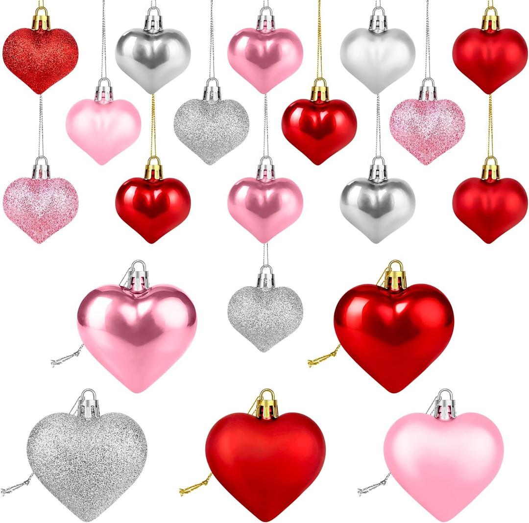 Valentines Heart Shaped Ornaments 20 Pcs, Red Pink Silver Glitter Hanging Decorations for Christmas Tree Home Window Indoor, Valentine Romantic Heart Shaped Decor Gifts for Wedding Anniversary Party
