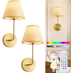 ADISUN Battery Operated Wall Sconce Set of 2, Gold Wall Lamps for Living Room, Rechargeable Bulbs, RGB. Rattan Shade Wireless Wall Lights for Bedroom Living Room Hallway Kitchen(Bulbs Included)