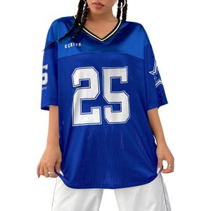 QJQ Jersey Shirts for Women V Neck Number Half Sleeve Graphic T-Shirts Football Soccer Tee Y2K Oversized Streetwear Top (L)