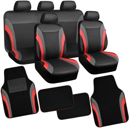 CAR PASS Leather Car Seat Covers Full Set with Waterproof Car Floor Mats,Airbag Compatible,Automotive Interior Covers for Cars Sedans,Trucks,Vans,SUV with Car Carpet Mats(Black and Red)