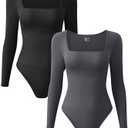 OQQ Women's 2 Piece Bodysuits Sexy Ribbed One Piece Square Neck Long Sleeve Tops L