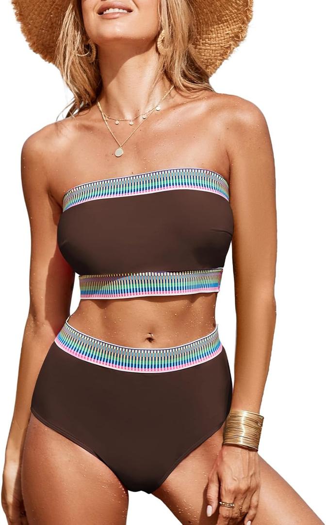 Herseas Women's 2 Pieces Bandeau Bikini Color Block Swimsuits 2025 Summer Off Shoulder High Waisted Bathing Suit (XXL)