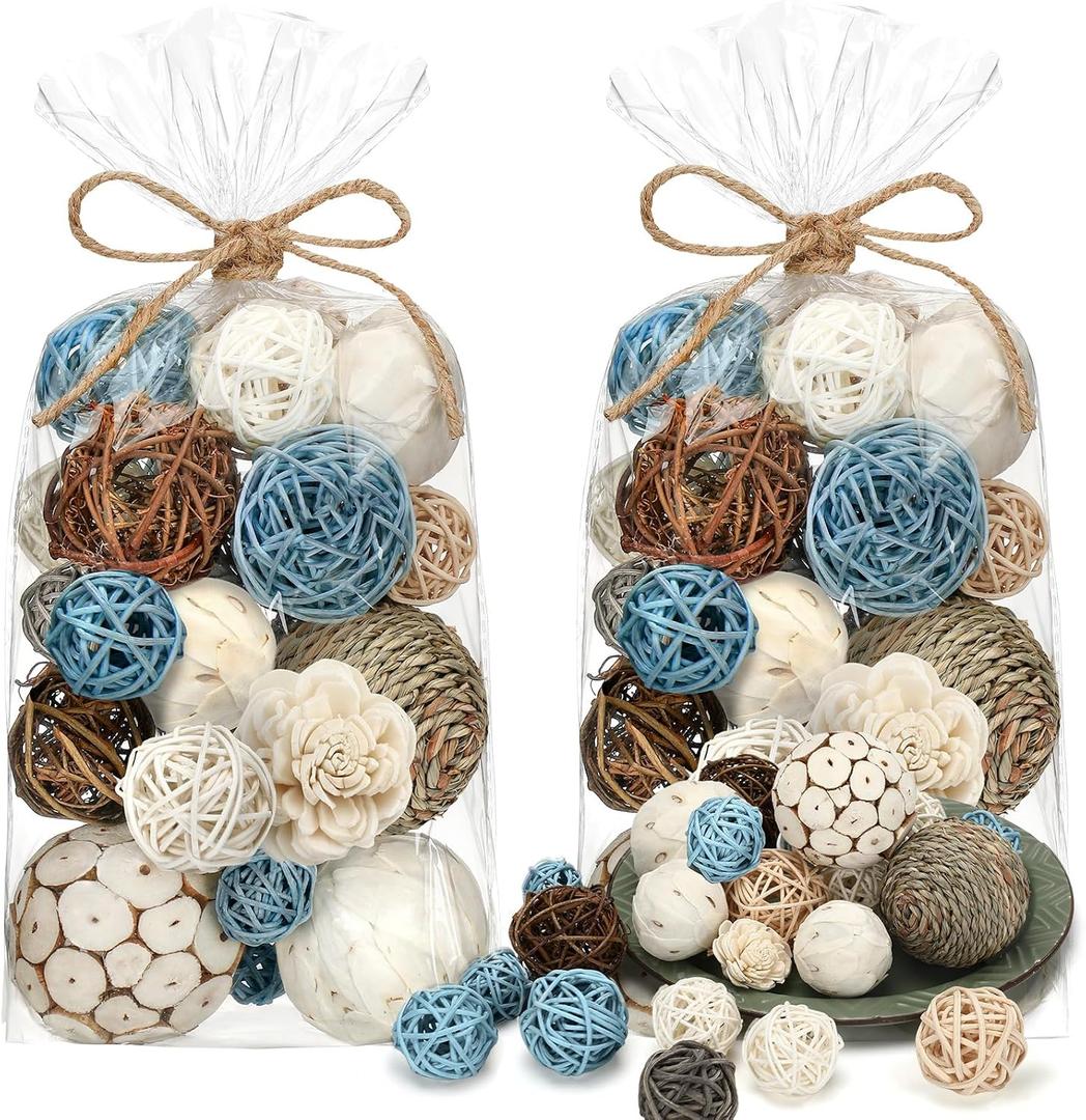 Riceshoot 2 Pack Decorative Balls Potpourri Bowl Filler Decor Natural Vase Bowl Filler Assorted Spherical Rattan Twigs Wicker Balls Cotton for Home Decor Centerpiece(Blue)
