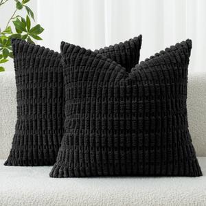 MIULEE Pack of 2 Corduroy Decorative Throw Pillow Covers 18x18 Inch Soft Boho Striped Pillow Covers Modern Farmhouse Home Decor for Sofa Living Room Couch Bed Black