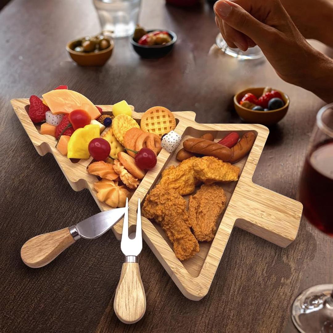 Bamboo Serving Platter, Multiple Spaces Reusable Bamboo Plates, Novel Shape Charcuterie Board Set with Knife & Fork, Fruit, Bread, Salad Plate for Christmas Thanksgiving (Christmas Tree)