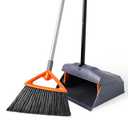 CLEANHOME Heavy Duty Broom with Dustpan Combo Set Indoor and Outdoor Dual Purpose,Stiff Bristle Commercial Angle Broom and Standing Dust Pans with Long Handle for Sweeping Home,Kitchen,Yard,Grey