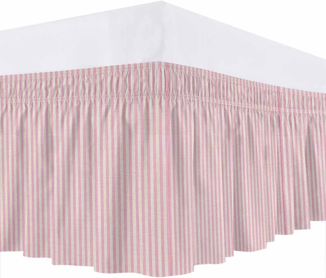 Bed Skirt Pink Stripes Bedskirt 16 Inch Drop Linen Classic Vertical Striped Elastic Wrap Around Bed Skirts Dust Ruffle for Queen Size Bed