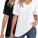 Huukeay 2 Pack Women Deep V Neck Slim T Shirts Summer Basic Short Sleeves Tees M