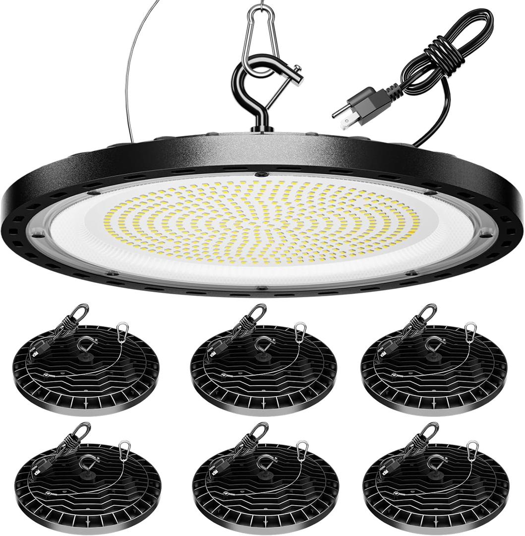 6 Pack 200W UFO LED High Bay Light, 29500lm 5000K Shop Lights for Warehouse, 5' Cable with Plug AC110-277V, Waterproof Commercial Lights for Barn Workshop Garage Factory Warehouse Gym ETL Listed