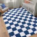 8x10 Checkered Area Rugs for Living Room Bedroom, Blue and Yellow Shag Fluffy Rug for Kids Room,Soft Non Slip Carpets Home Decor Aesthetic, Blue and White
