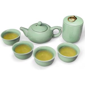 Ceramic Kungfu Tea Set - Complete Travel Tea Set with Teapot, 4 Teacups, Tea Canister, Fair Cup, Bamboo Tea Tray & Travel Bag | Portable Tea Set for Home, Office, Outdoor & Gifts (Green)