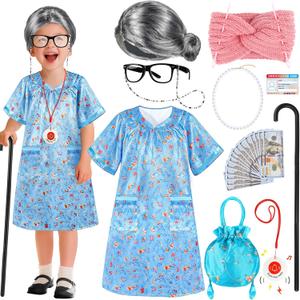 Old Lady Costume for Kids Girls, 100 Days of School Costume for Girls 100th Day of School, Granny Grandma Dress Up Nightgown, Wig, Cane, Glasses, handbag, Play Money Accessories Outfit for Kids
