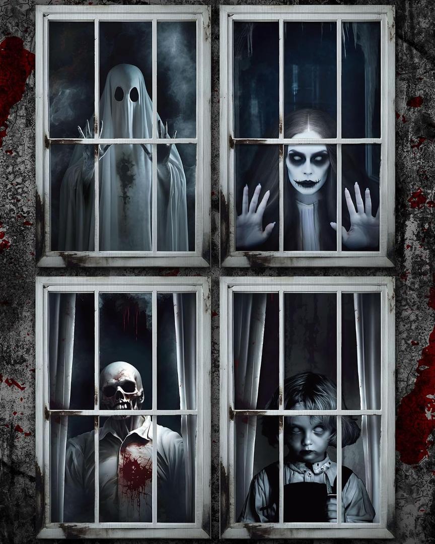 Patelai 4 Pcs Scary Halloween Ghost Curtain Halloween Window Silhouette Decoration Horror Window Door Cover Spooky Poster Screen for Indoor Outdoor Party Decor (Spooky Ghost)