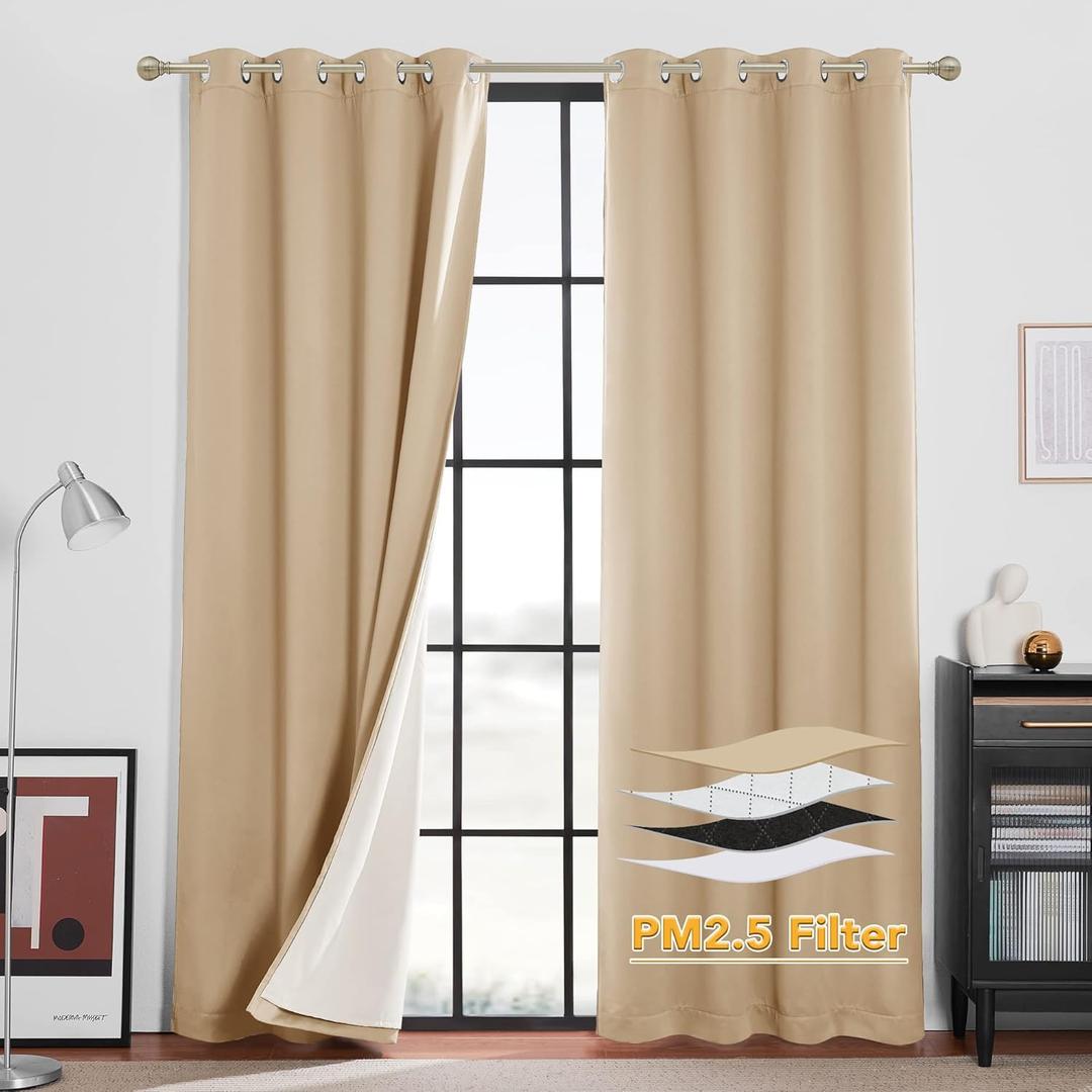 RYB HOME 4-in-1 Dust Filtering Curtains, Mountain Fires Smog Filter Drapes with Melt-Blown Fabric Noise Reducing Window Curtains for Nursery Bedroom, W52 x L84 inch, Biscotti Beige 2 Panels