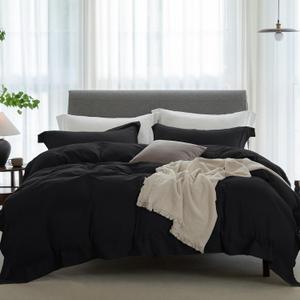 Cooling Duvet Cover Set 3 Pieces-100% Washed Cotton with Chic Wide Trim Design Linen Like Textured Ultra Soft Cozy Bedding with Zipper Closure(Hemmed Solid Black,Oversized King 120"x98")