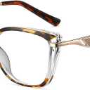Tortoise & Clear Acetate Cat-Eye Blue Light Blocking Glasses - Geometric Metal Temples with Art Deco Accents, Screen Protection for Work/Gaming, Fashion-Forward Eyewear Accessories (Unisex)