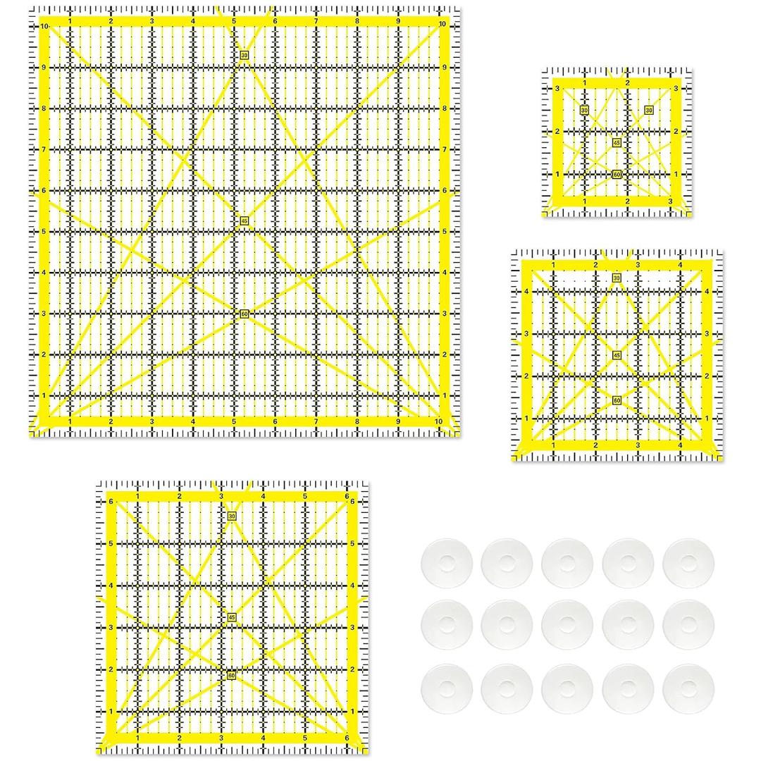 Quilting Rulers, Sewing Rulers, 4 Piece Quilting Square Templates, Acrylic Rulers with Non-Slip Rings for Sewing (3.5"X3.5", 5"X5", 6.5"X6.5", 10.5"X10.5") (Yellow)