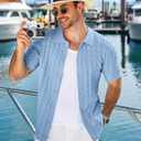 COOFANDY Men's Knit Short Sleeve Shirts Button Down Vintage Knitted Polo Shirt Casual Beach Crochet Cable Vacation Shirt (Blue, L)