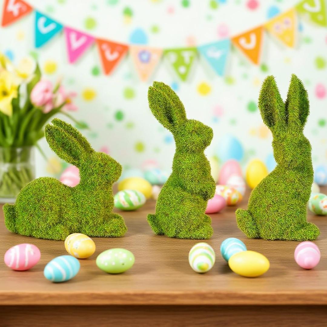 Easter Bunny Decorations,Resin Moss Bunny Figurine Features Larger Ears,Garden Artificial Moss Rabbit Easter Dcor Easter Party Favors Gifts (Small big ears 3PCS)