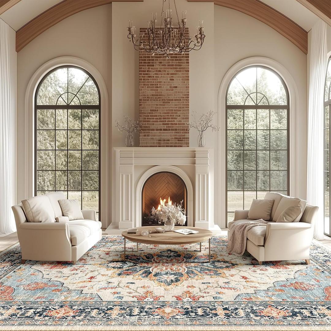 Area Rugs 10'x14' Washable Non-Slip, Floral Vintage Distress Print Pattern Medallion Carpet for Living Room Bedroom Dining Room, Beige Navy Blue Orange Colorful