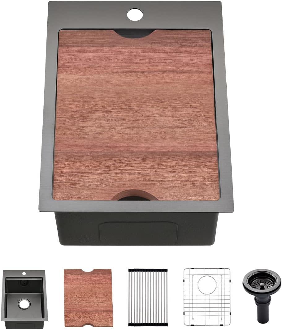 Black Drop In Bar Sink 15x20, 15 Inch 16-Gauge Black Stainless Steel Drop In Bar Sinks, Gabhar 15x20 Inch Drop-in Bar Sinks (15" L x 20"W x 10" D, Black)