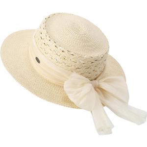 ACUSHLA Straw Sun Hat for Women Wide Brim Vintage Boater Summer Beach (Beige)