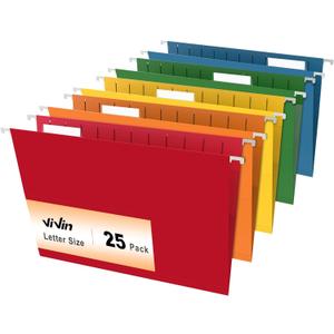 ViVin 25 Pack Letter Size Hanging File Folders with 25 Per Box, 1/5-Cut Adjustable Tabs, Hanging Folders Designed for Office Bulky Files, Filing Cabinets(Assorted) (No expansion)