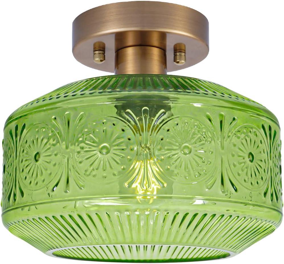 Semi Flush Mount Ceiling Light, Vintage Small Ceiling Light Fixture, Thickened Glass Hallway Light Fixture, Brass Kitchen Ceiling Mount Lamp with Green Glass for Entry Way, Bedroom, Bathroom, Porch