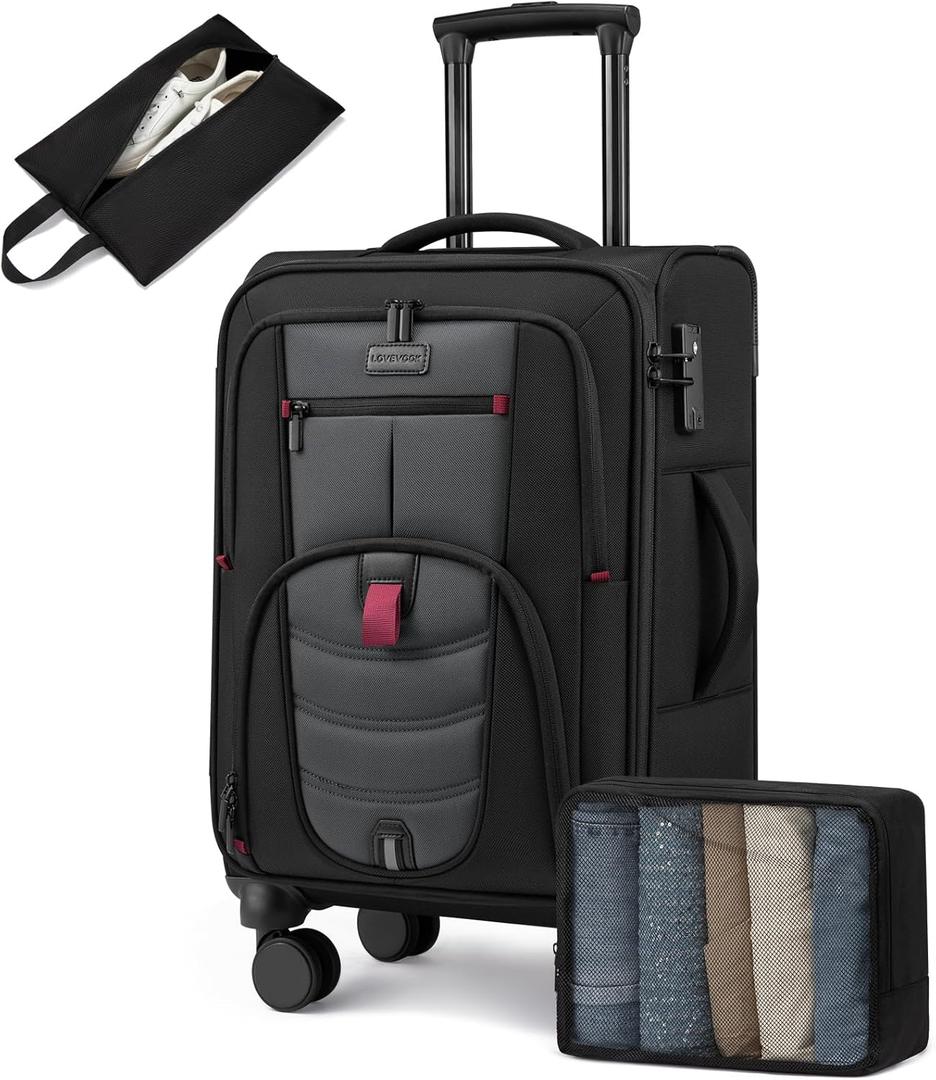 Carry On Luggage 22x14x9 Airline Approved, 22-Inch Suitcases with Spinner Wheels, Softside Carry-on Luggage with TSA Lock for Men Women Business Trip, Lightweight Large Capacity Luggage for Travel (Black&Red)