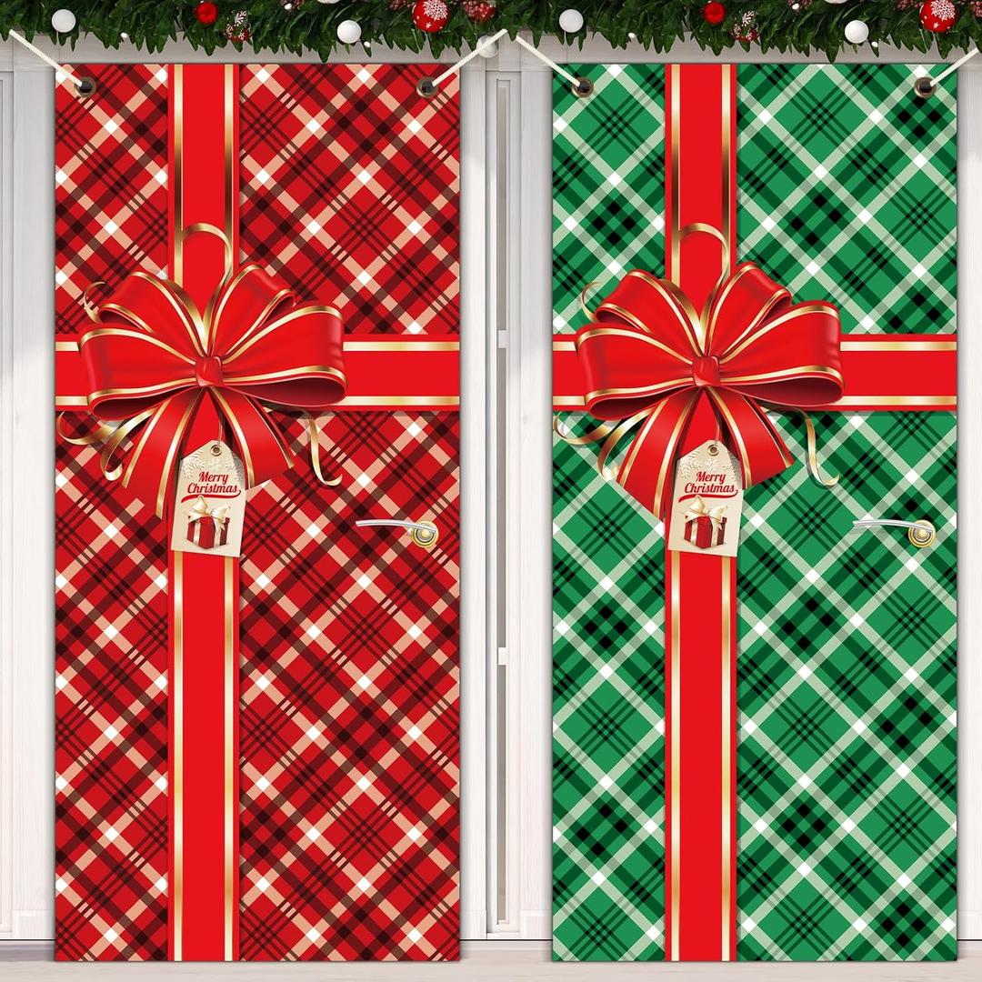 2 Pieces Christmas Door Cover Buffalo Checkered Plaid Photography Backdrop Bowknot Gift Box Door Hanging Covers Merry Christmas Door Decoration for Home Wall Outdoor Indoor Party Holiday Xmas Eve