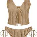 ZAFUL Tankini Swimsuits for Women Smocked Ruffles Tie Front Bowknot Textured High Cut Tanga Tankini Set (Medium, 11-coffee)