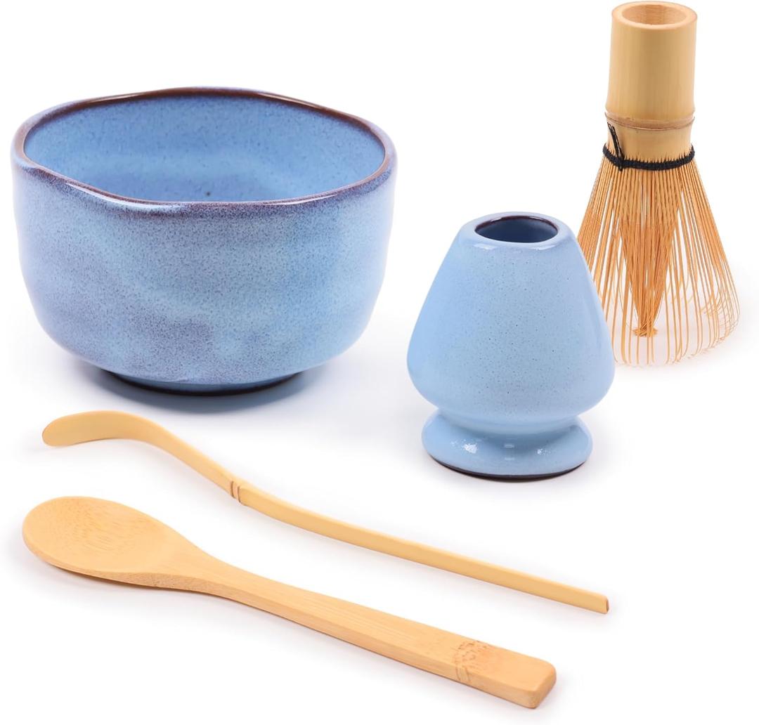 BambooMN Matcha Bowl Set (Includes Bowl, Rest, Tea Whisk, Chasaku & Tea Spoon) 1 Set Shimmering Blue
