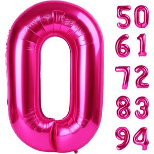 Hot Pink Number Balloon 40 Inch, 0 Number Balloons, 10 20 30 40 50 Numbers Balloon Birthday Decorations, Pink Party Supplies for Women