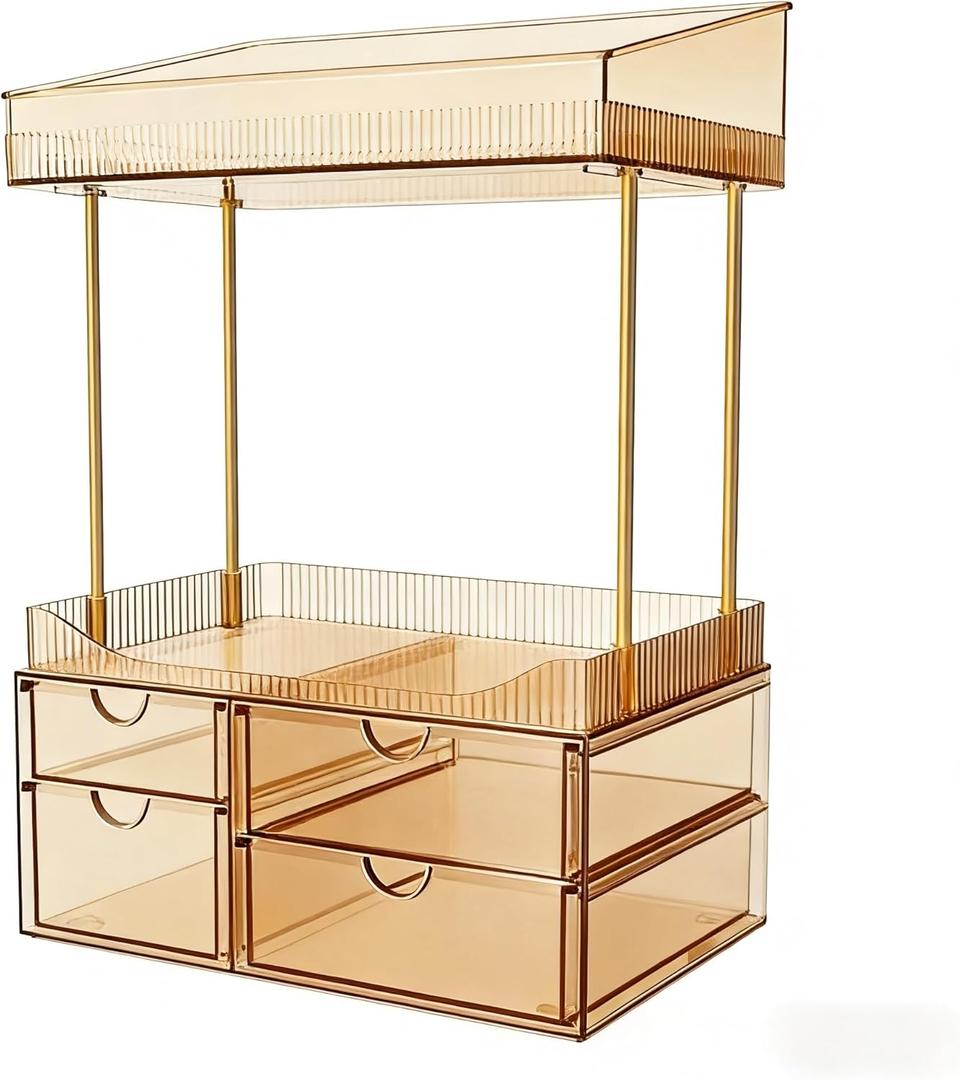 SNSLXH 4 Drawers Makeup Organizer - 4 Tier Makeup Storage, Cosmetics Organiser, Ideal for Cosmetic, 4 Dividers with Drawers for Countertop, Bathroom, Office Supplies, Dresser Transparent Tawny