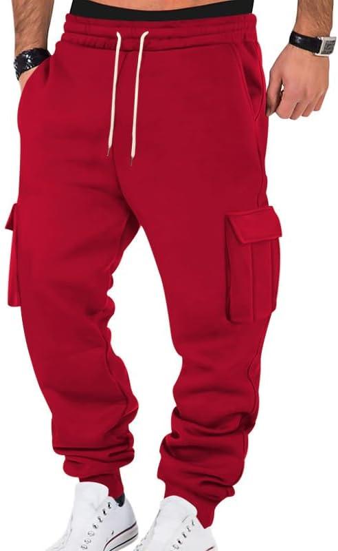 Mens Fleece Cargo Sweatpants Heavyweight Elastic Waist Pants with Pockets Baggy Drawstring Jogger Pants (XL, Red-1)