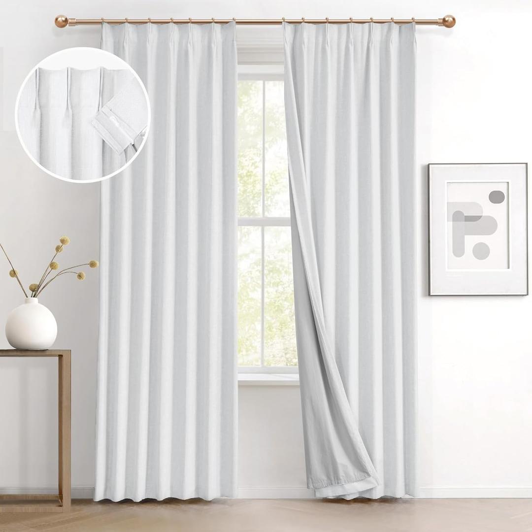 IVAPUPU Linen Pinch Pleated Blackout Curtains for Bedroom - Full Black Out White Curtains 90 Inch 2 Panels Set for Living Room Darkening Thermal Window Curtain Drapes with 16pc Hooks IVAPUPU Linen Pinch Pleated Blackout Curtains for Bedroom - Full Black Out White Curtains 90 Inch 2 Panels Set for Living Room Darkening Thermal Window Curtain Drapes with 16pc Hooks