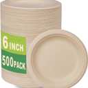 GreenWorks 500 Count 6 Small Compostable Dessert Plates, Heavy-duty Unbleached Biodegradable Bagasse and Bamboo fiber Paper Plates